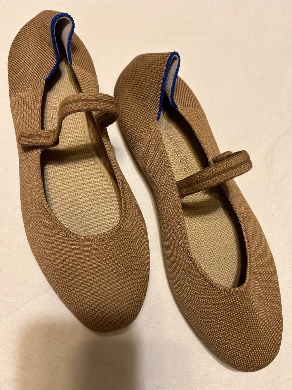 Rothy's Tan Mary Jane Flats with Blue Trim